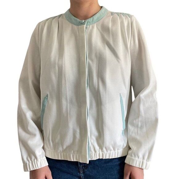 Vintage Womens St. Croix Knits White with Blue Suede Trim Cardigan Preppy Jacket - Picture 3 of 8